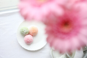 Japanese ice cream Mochi in rice dough. Traditional Japanese dessert 