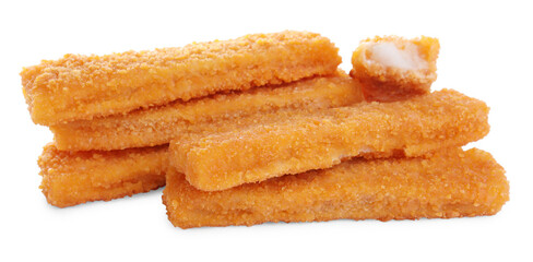 Tasty fresh fish fingers on white background