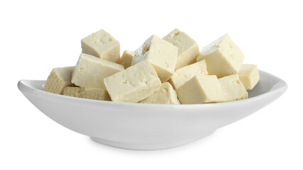 Pieces of delicious tofu on white background. Soybean curd