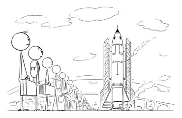 Line of People Waiting for Spaceflight, Space Ship Launch. Vector Cartoon Stick Figure Illustration