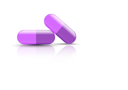 Medical purple capsule isolated white background vector illustration copy space