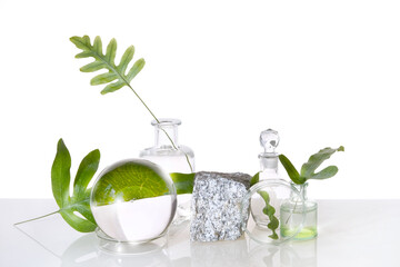 Natural Green laboratory. Abstract floral arrangement. Grey granite podium, space for your product....