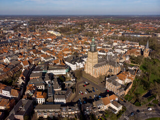Medieval Hanseatic city Zutphen, The Netherlands, seen from above with the Walburgiskerk tower rising above the picturesque historic town