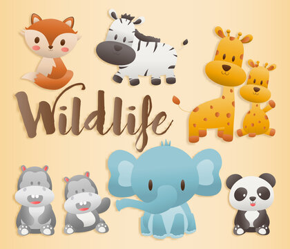 Big set isolated animals. Character design Cute woodland animal. Paper cut and papercraft-style vector illustration.	