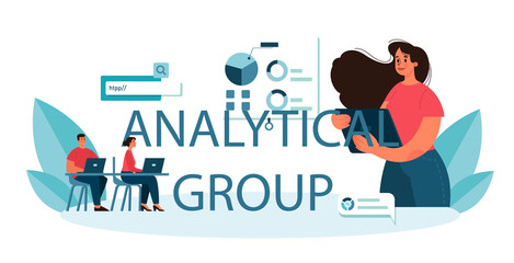 Analytical group typographic header. Business people in front