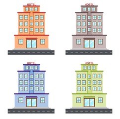 Vector illustration set of a five star hotel in a tourist spot on the theme of vacation and tourism. perfect for travel and product advertising