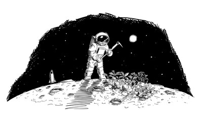 Astronaut Farming on Moon, Mars or Distant Planet, Food Production in Space, Vector Cartoon Stick Figure Illustration © Zdenek Sasek