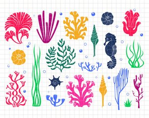 Underwater clip art with corals, seaweeds, shells and seahorse. Sea and ocean life. Silhouette vector flat illustration. Cutting file. Suitable for cutting software. Cricut, Silhouette