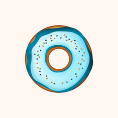 Donut with blue icing and multicolored powder isolated on a white background. 3d realistic food icon. Template modern design for invitation, poster, card, banner. Realistic vector illustration