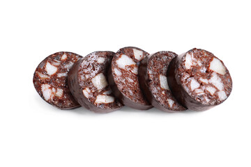 Slices of tasty blood sausage on white background