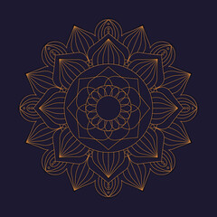 Round mandala in luxurious colors. Gold ornament on a blue background. Vector illustration for your design