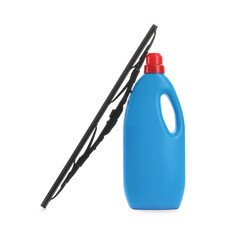 Fototapeta premium Bottle of windshield washer fluid and wiper on white background