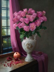 Still life with luxurious bouquet of pink roses in antic vase