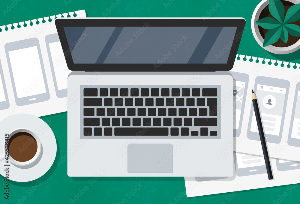 Wall mural flat lay illustration of a ux ui designer desk with laptop and mobile app wireframe sketches.