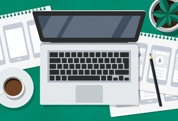 Flat lay illustration of a UX UI designer desk with laptop and mobile app wireframe sketches.