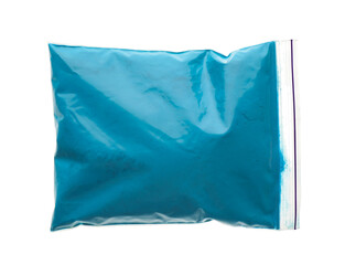 Light blue powder in plastic bag isolated on white, top view. Holi festival celebration