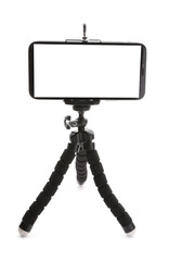 Modern tripod with smartphone isolated on white