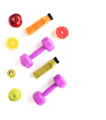 Healthy lifestyle concept with flat lay. Fitness poster with fresh fruit juice and dumbbells