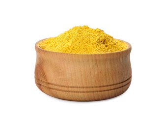 Yellow powder dye in bowl on white background. Holi festival