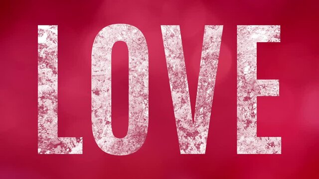 Clear word Love showing rotating blooming bushes with white flowers, over a beautiful deep pink and red background with bokeh lights glittering and sliding. Animation looped seamless, for e-card, cele