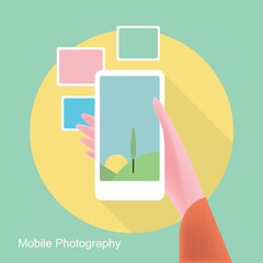 Photo gallery on mobile phone flat style, a photo album on smartphone vector illustration, photography of landscape photography
