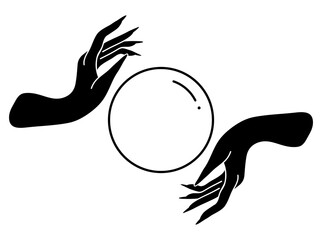 Witch hand silhouette with crystal ball. Set of elegant female hands in a minimal flat style. Logos for cosmetics, jewelry, beauty products, spa, manicure. Hand drawn boho vector.