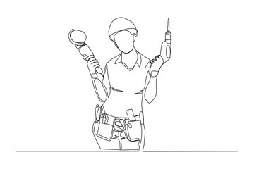 Continuous line drawing of young handy woman wearing uniform while holding drill machine. Single one line art of repair woman construction maintenance service concept. Vector illustration