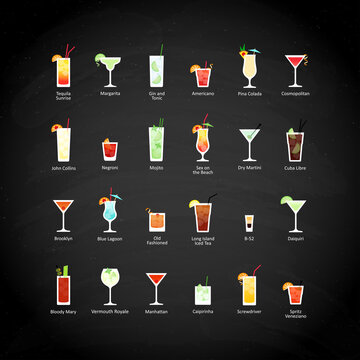 Set of alcoholic cocktails icons in flat style on black chalkboard. Vector