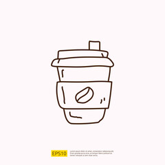 take away paper cup coffee or tea for cafe concept vector illustration. hand drawing doodle linear icon sign symbol