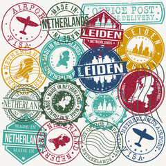Leiden Netherlands Set of Stamps. Travel Stamp. Made In Product. Design Seals Old Style Insignia.