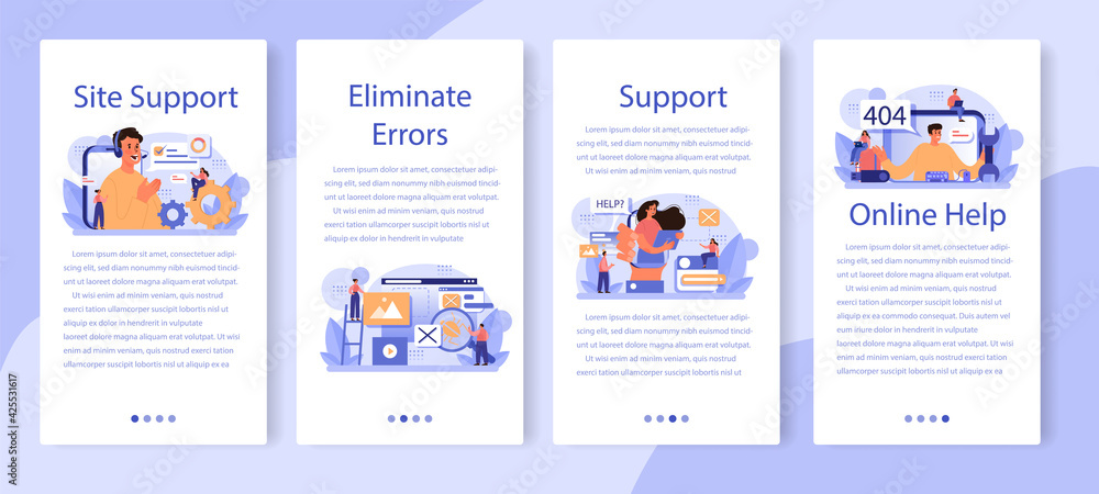 Poster website technical support mobile application banner set. idea of web page