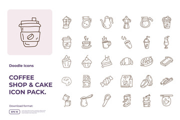 Coffee shop and cake concept doodle icon set. Stroke line style food Icons sign symbol vector illustration