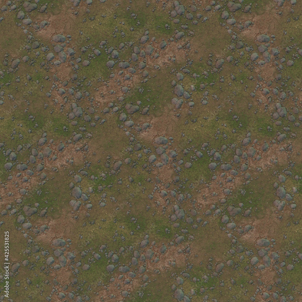 Poster the rendered texture of the ground with stones. 3d rendering. good for making games.