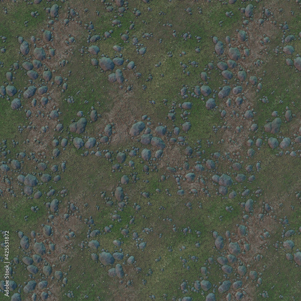 Poster drawn ground texture with rocks and paths. 3d rendering image.