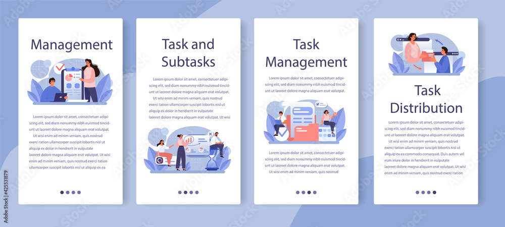 Poster task distribution mobile application banner set. interaction of departments