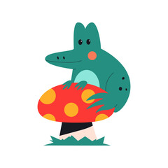 Cute frog sitting on mushroom vector cartoon illustration isolated on a white background.