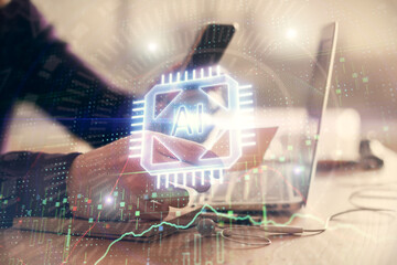 Multi exposure of man's hands holding and using a digital device and data theme drawing. Innovation...