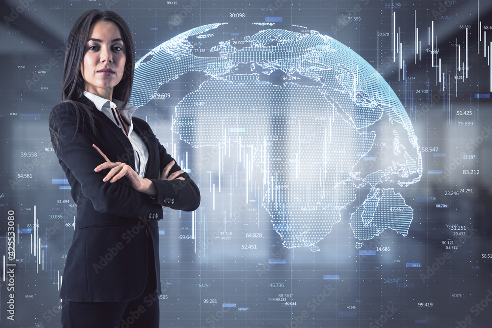 Poster successful forex market business concept with confident trader on world market with financial graph 