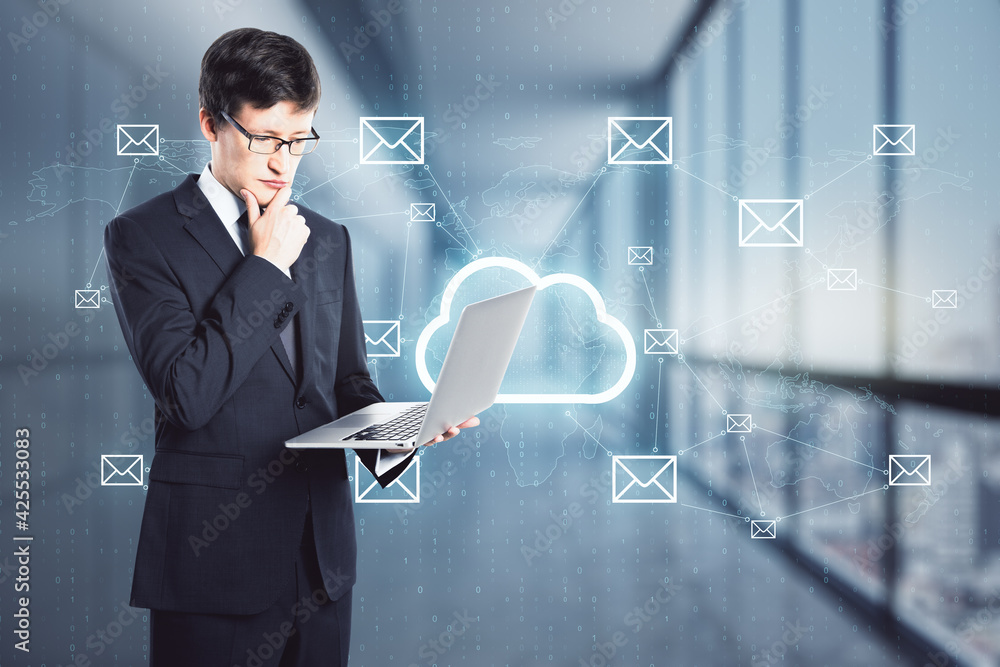 Poster cloud and email service concept with businessman with laptop and digital screen with cloud icon and 
