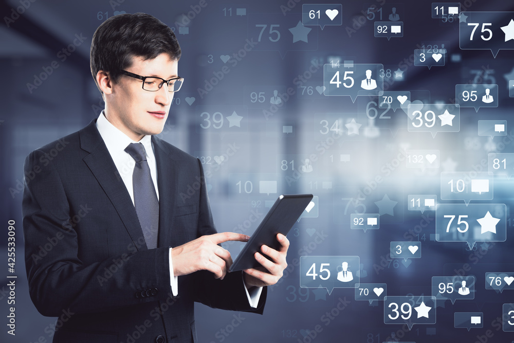 Poster corporate communication concept with smiling businessman with digital tablet on virtual interface wi