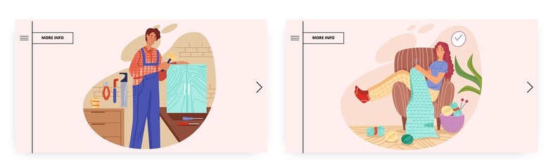 Hobby landing page design, website banner vector template set. Happy people knitting, making furniture restoration.