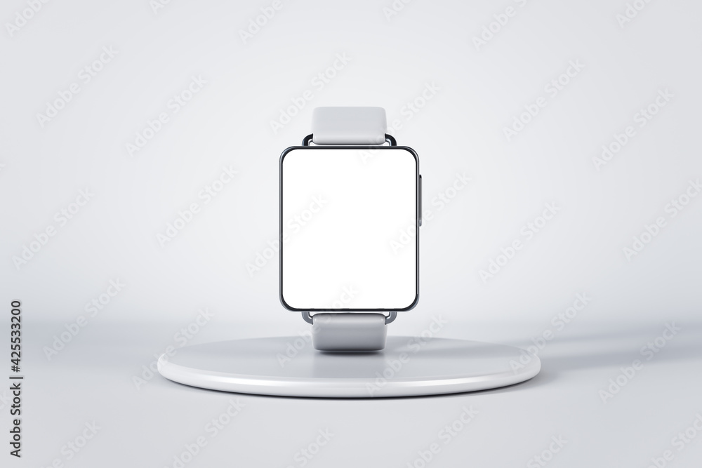 Aufkleber Smart watch concept with electronic watches with white display with copyspace on light round stand on abstract background. 3D rendering, mockup