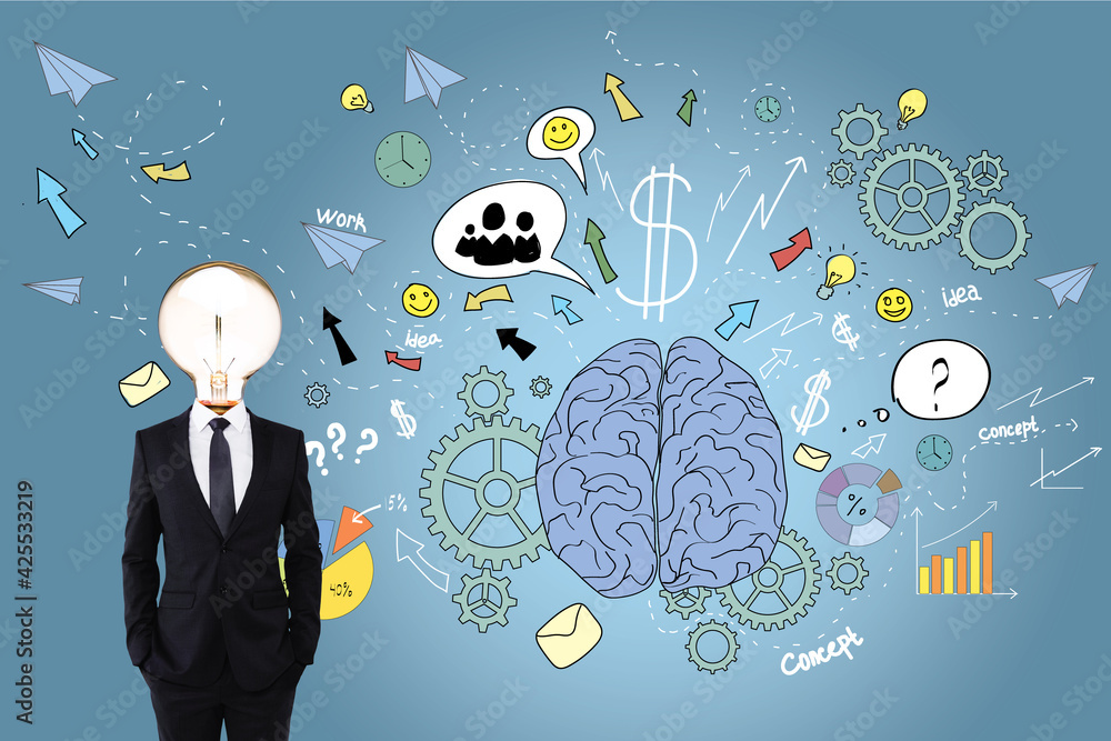 Poster businessman in a suit with a lightbulb instead of head, brain sketch with multiple icons near him, b