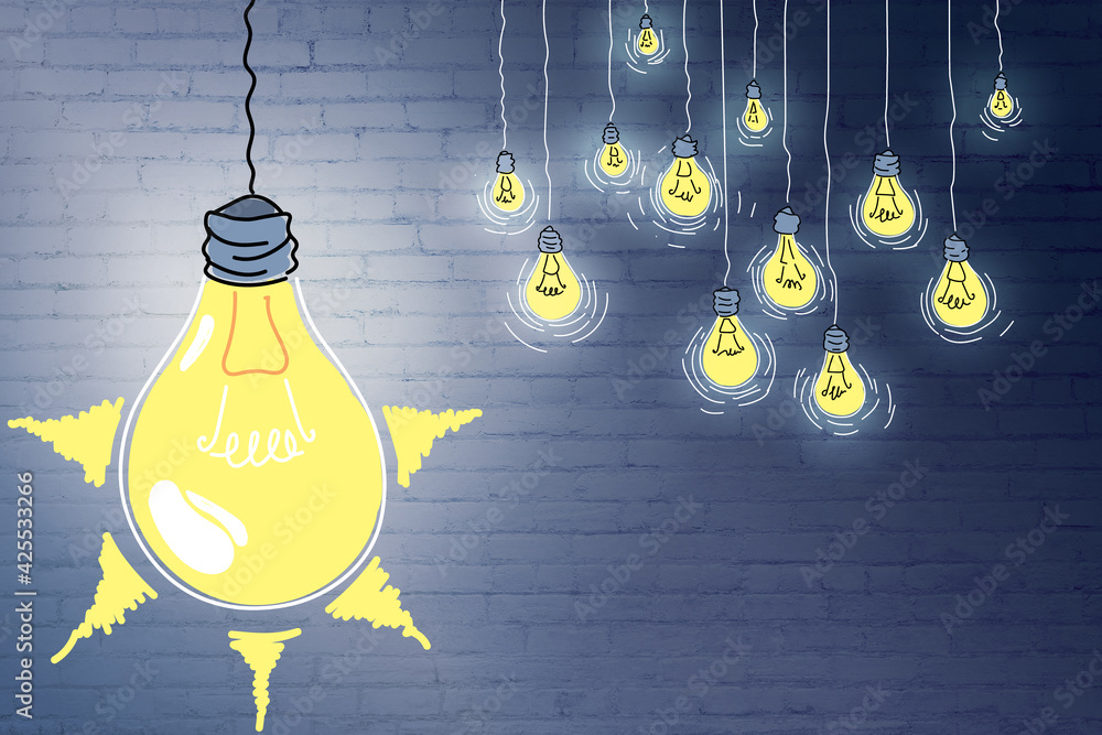 Poster shiny lightbulbs on a blue brick wall background sketch, idea and innovation concept. 3d rendering