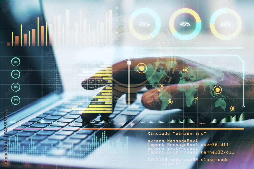 Poster Big data algorithm technology concept with statistic and world map indicators on virtual screen and man hand typing on laptop keyboard on background