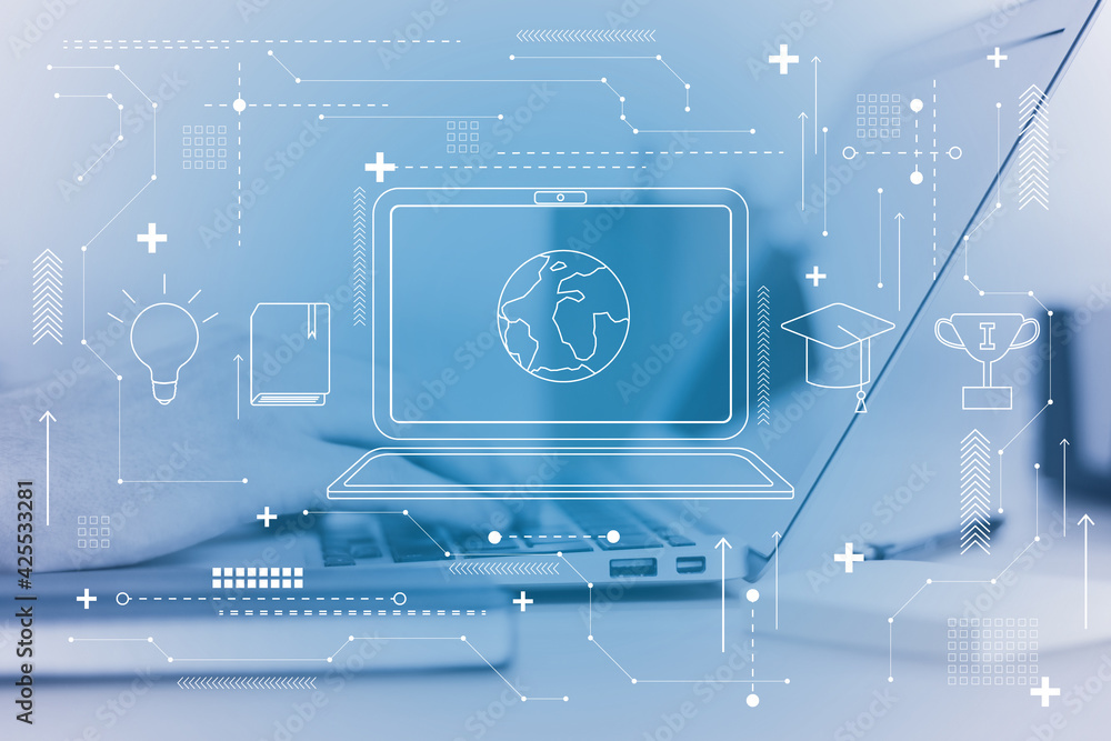 Poster notebook icon with a globe inside, laptop with hands in the background, worldwide education and busi