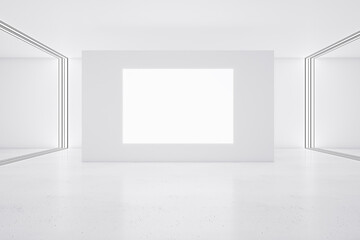 Blank white poster on grey wall in empty gallery hall with glossy floor. 3D rendering, mockup