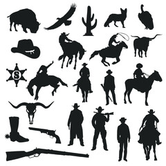 Cowboy Silhouette Design Clip Art Vector. Western Illustration Icons Sheriff and Horse Collection.