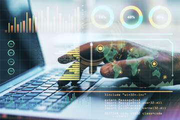 Big data algorithm technology concept with statistic and world map indicators on virtual screen and...