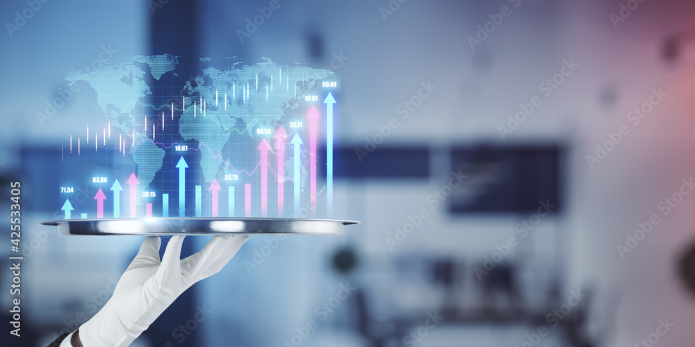Poster Global trading and ready to use solution concept with human hand in white glove with tray and digital forex chart graphs above on abstract blank background. Mockup